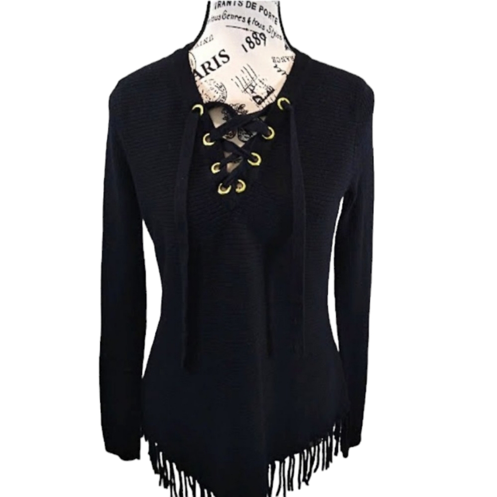 INC International Concepts Black Fringe‎ Trim Lace Up Sweater Size S